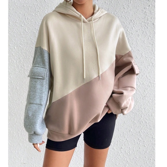 Cozy Color Block pockets Loose Fit Hoodie Sweatshirt Top - Picture 3 of 8